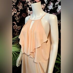 New Look Sheer Peach Ruffle Halter Maxi Dress Size 14